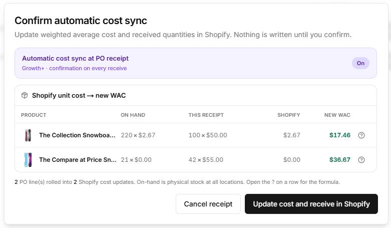 Automatic COGS in Shopify at Receipt: Weighted Average Cost (WAC) After Stocky