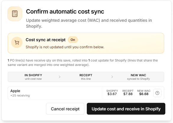 Automatic COGS in Shopify at Receipt: Weighted Average Cost (WAC) After Stocky